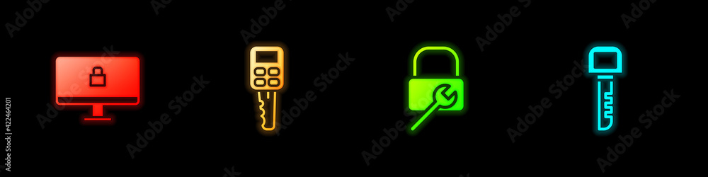 Set Lock on computer monitor, Car key with remote, repair and Key icon. Vector Set Lock on computer monitor, Car key with remote, repair and Key icon. Vector