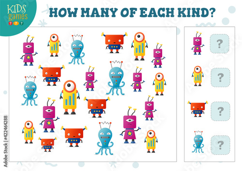 How many of each kind cartoon robot counting game for kids vector illustration