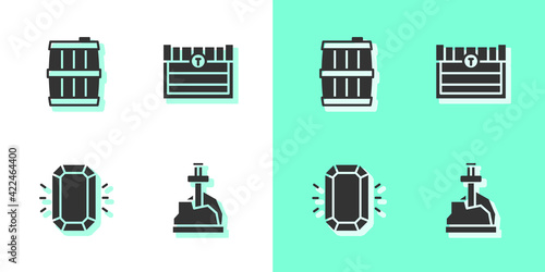 Set Sword in the stone, Wooden barrel, Diamond and Antique treasure chest icon. Vector