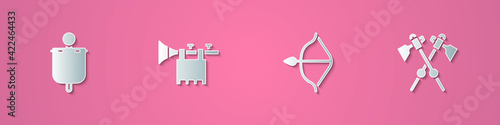 Set paper cut Medieval flag, Trumpet with, bow and arrow and Crossed medieval axes icon. Paper art style. Vector