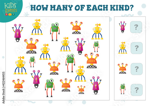 How many of each kind cartoon robot kids counting game vector illustration