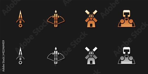 Set Dagger, Battle crossbow with arrow, Windmill and Medieval knight icon. Vector