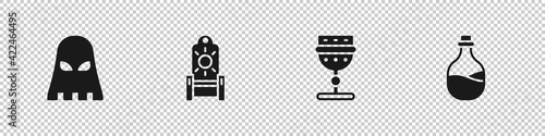 Set Executioner mask, Medieval throne, goblet and Old bottle of wine icon. Vector