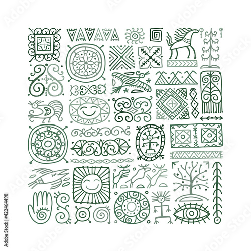 Ethnic handmade ornament, Folk Nordic Symbols. Art background for your design