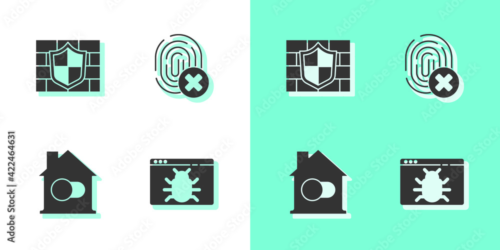 Set System bug, Shield with brick wall, Smart home and Cancelled fingerprint icon. Vector Set System bug, Shield with brick wall, Smart home and Cancelled fingerprint icon. Vector