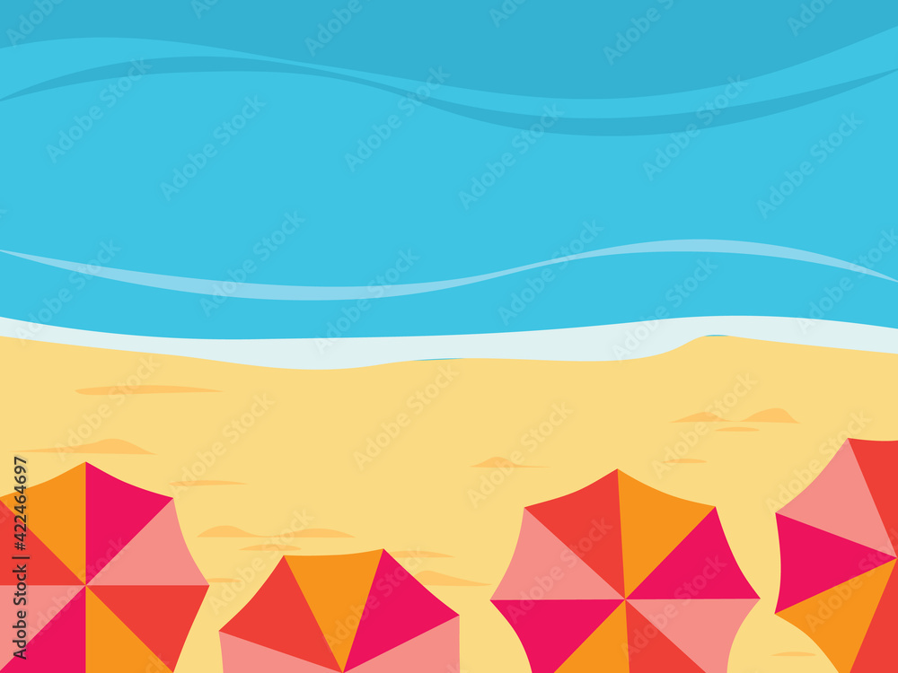 Summer beach background, colorful umbrellas by the sea, top view, summer holidays concept, vector illustration. Summer beach background, colorful umbrellas by the sea, top view, summer holidays concept, vector illustration.