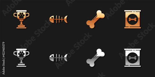 Set Pet award, Fish skeleton, Dog bone and Canned food icon. Vector
