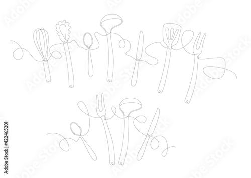 Continuous one line drawing. restaurant logo. Black and white vector illustration. Kitchen stuff one line continuous drawing minimalist design on white background