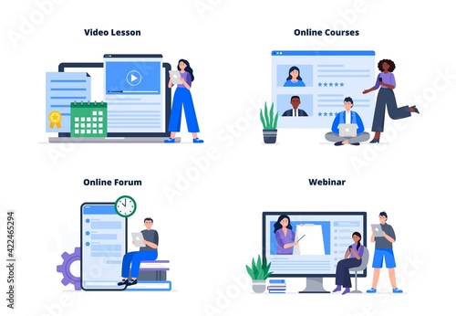 Set of online course concepts. People choose an online course, watch a video lesson and webinar, communicate at a forum. Vector flat illustration.