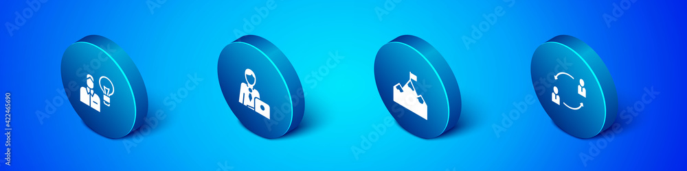 Set Isometric Human with lamp bulb, Mountains flag, resources and Businessman icon. Vector Set Isometric Human with lamp bulb, Mountains flag, resources and Businessman icon. Vector