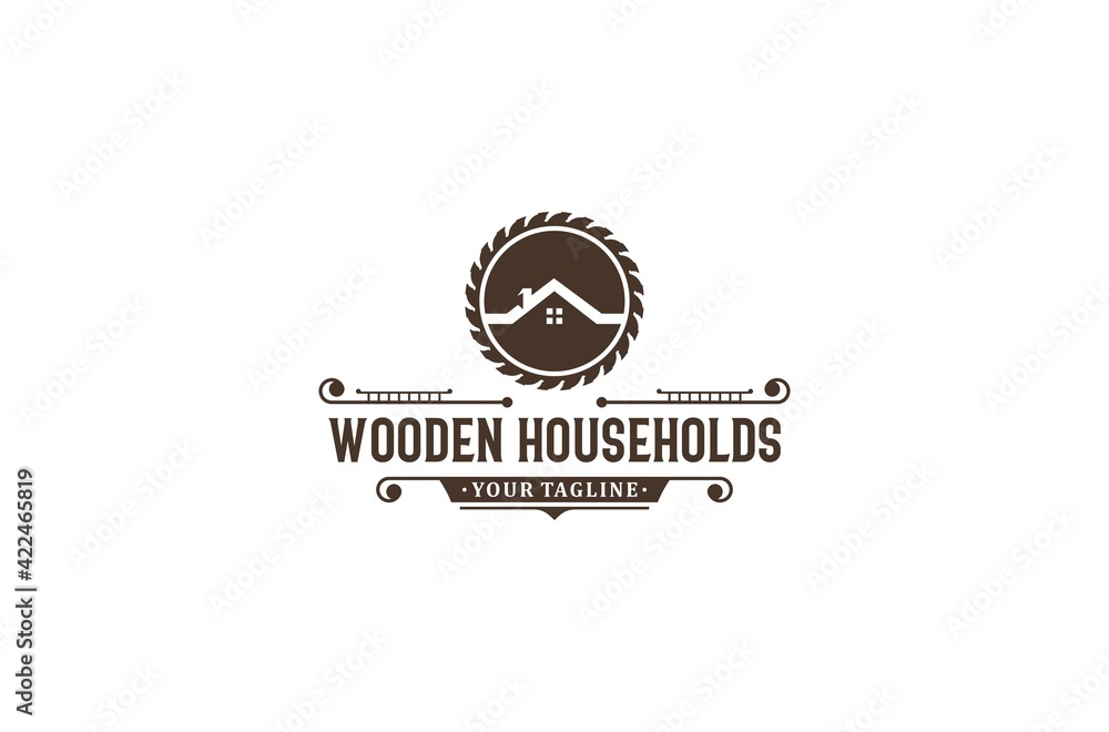 Fototapeta premium the carpenter's house logo with the addition of a round saw illustration combined with the house