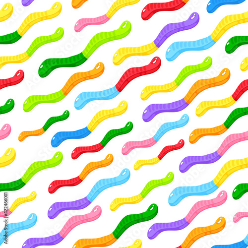 Jelly worm sweet candy seamless pattern with amazing flavor flat style design vector illustration.