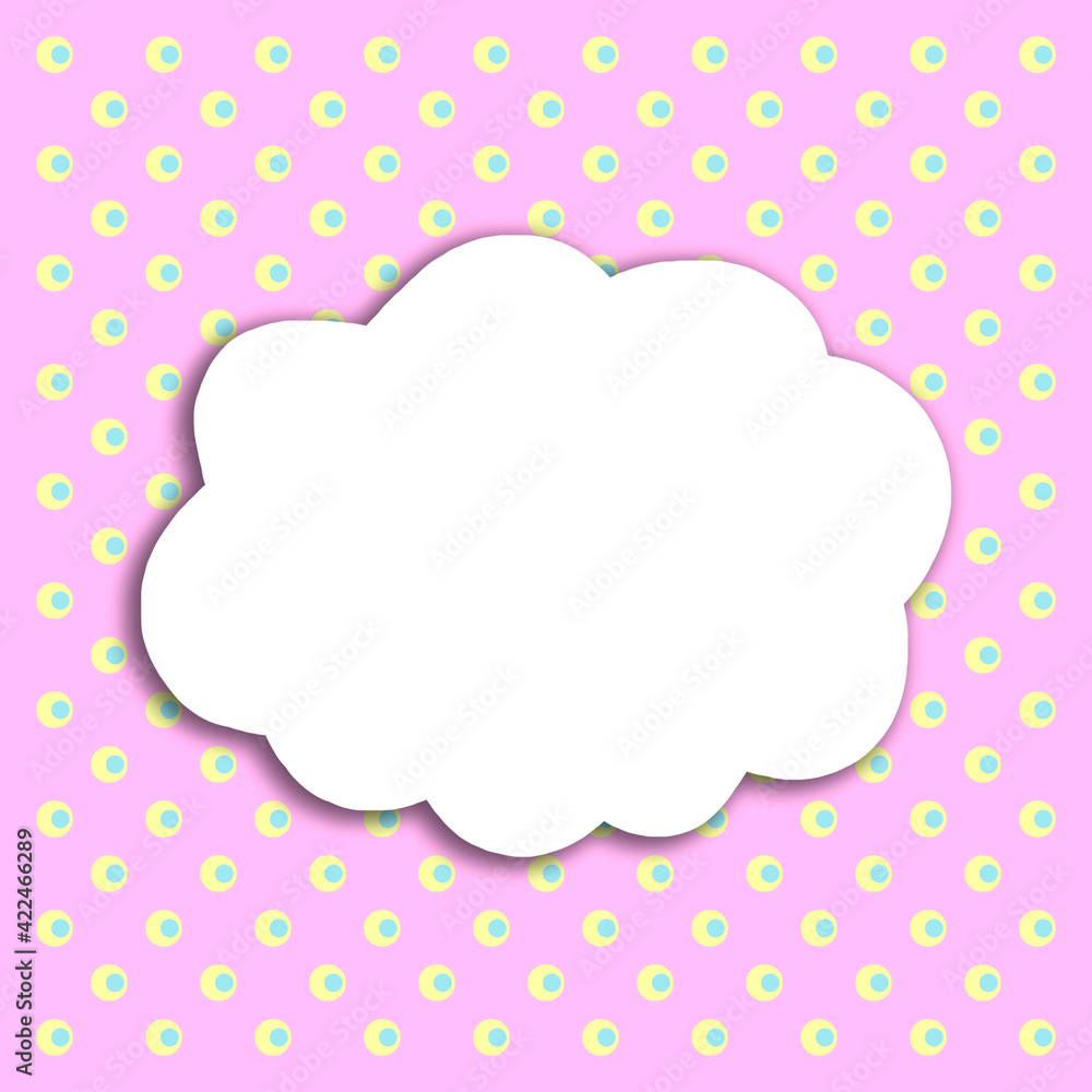 Photo of white paper in the shape of cloud on purple polka dot fabric. Background for text, greetings, invitations, holiday. Bright color abstract mockup template