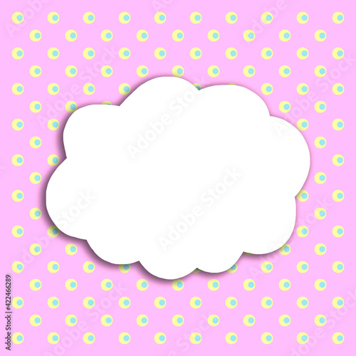 Photo of white paper in the shape of cloud on purple polka dot fabric. Background for text, greetings, invitations, holiday. Bright color abstract mockup template
