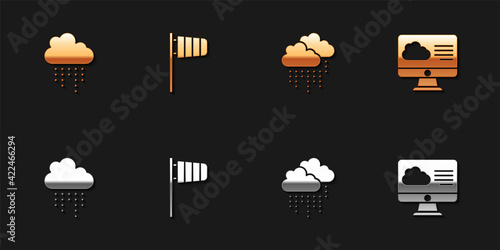 Set Cloud with rain, Cone windsock wind vane, and Weather forecast icon. Vector