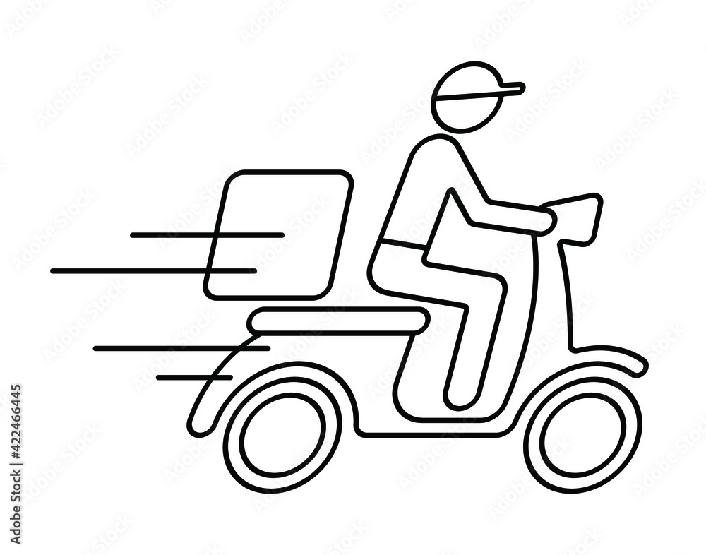 Shipping fast delivery man riding motorcycle icon symbol, Pictogram thin line design for apps and websites, Isolated on white background, Vector illustration Shipping fast delivery man riding motorcycle icon symbol, Pictogram thin line design for apps and websites, Isolated on white background, Vector illustration