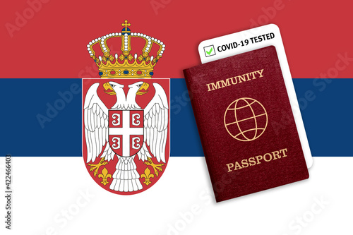 Immunity passport and test result for COVID-19 on flag of Serbia