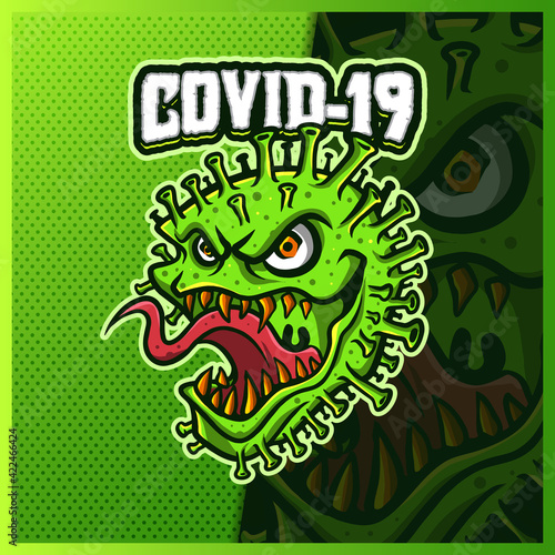 Covid-19 mascot esport logo design illustrations vector template, Corona logo for team game streamer youtuber banner twitch discord