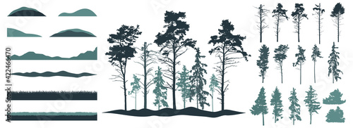 Silhouette of forest. Creating woodland of pines, fir trees, grass, hill. Constructor, set of design elements. Vector illustration.