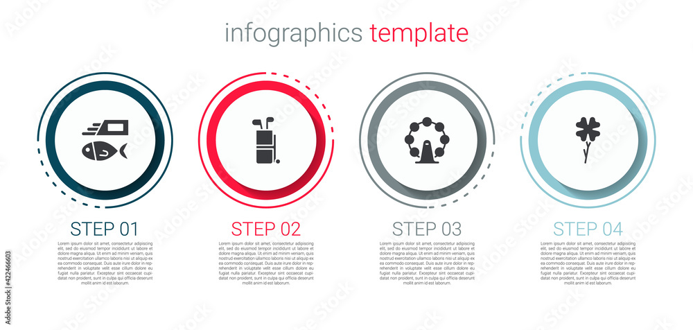 Set Fish and chips, Golf bag with clubs, London eye and Four leaf clover. Business infographic template. Vector