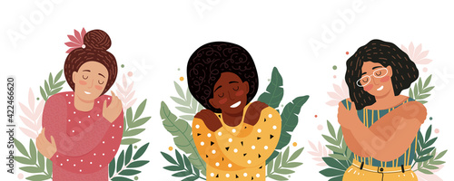 Concept of love yourself, care, acceptance, healthy lifestyle, body positive, mental health. Set of vector illustrations with different female character. Woman with closed eyes smiles and hugs herself
