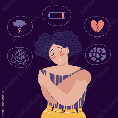 Frustrated woman with nervous problem feel anxiety, confusion, crisis, tired, stress. Mental disorder, psychological diseases, chaos in consciousness. Sad female character surrounded by her thoughts.