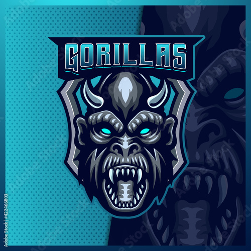 Gorilla Apes mascot esport logo design illustrations vector template, Gorilla animal logo for team game streamer youtuber banner twitch discord