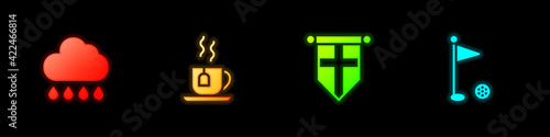 Set Cloud with rain, Cup of tea tea bag, England flag on pennant and Golf icon. Vector