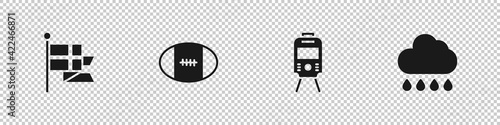 Set England flag on flagpole, Rugby ball, Tram railway and Cloud with rain icon. Vector