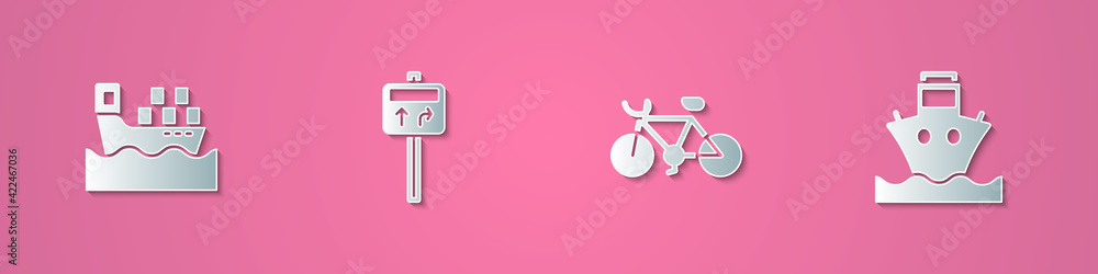 Set paper cut Cargo ship with boxes, Road traffic signpost, Bicycle and icon. Paper art style. Vector Set paper cut Cargo ship with boxes, Road traffic signpost, Bicycle and icon. Paper art style. Vector