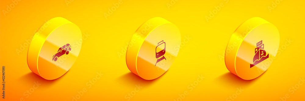 Set Isometric Hatchback car, Train and railway and Cargo ship icon. Vector Set Isometric Hatchback car, Train and railway and Cargo ship icon. Vector