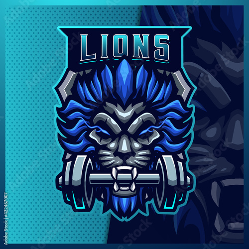Lion Grab Barbel mascot esport logo design illustrations vector template, Fitness Blue Lion logo for team game streamer youtuber banner twitch discord