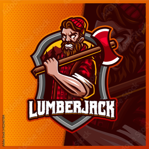 Lumberjack mascot esport logo design illustrations vector template, Angry Lumberjack with Axe logo for team game streamer youtuber banner twitch discord