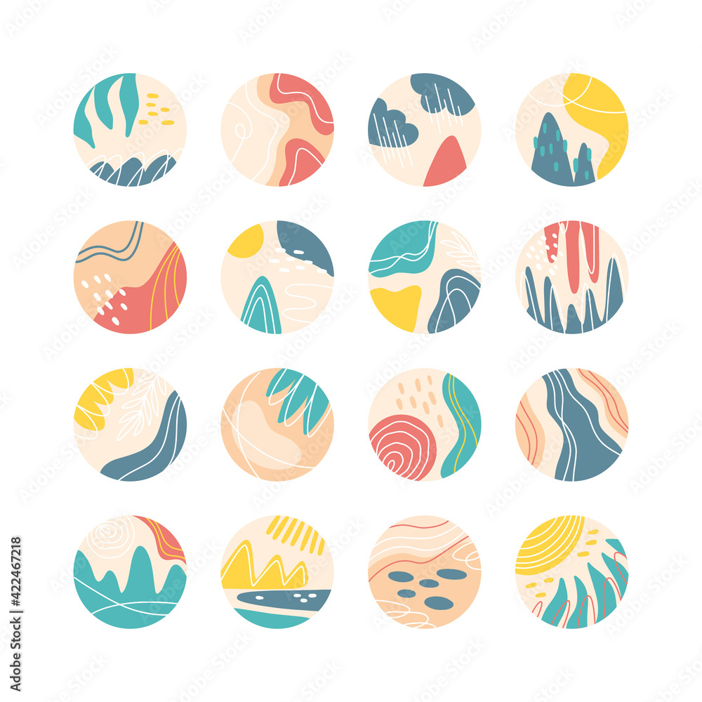 Collection of creative social media highlight covers, travel theme. Design stories round icon with floral elements collection.Sea, sun, beach, sand, mountains abstract. Vector illustration