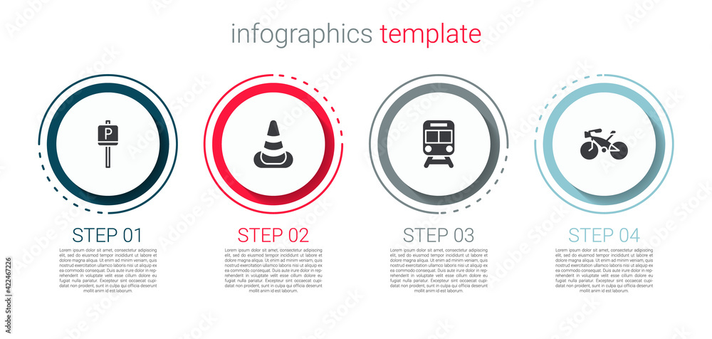 Set Parking, Traffic cone, Train and railway and Bicycle. Business infographic template. Vector Set Parking, Traffic cone, Train and railway and Bicycle. Business infographic template. Vector
