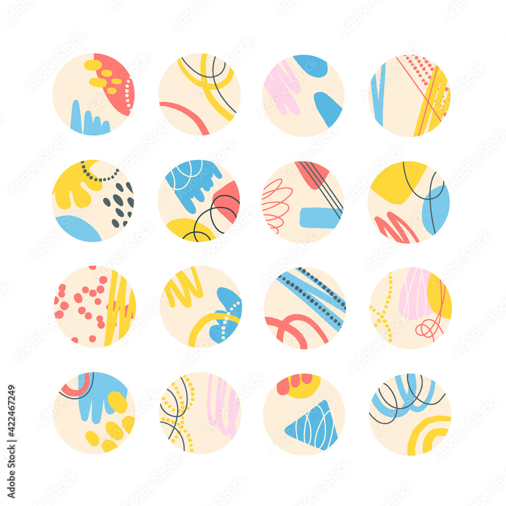 Collection of creative social media highlight covers. Abstract design with spots and lines, memphis style. Design stories round icon collection. Vector illustration