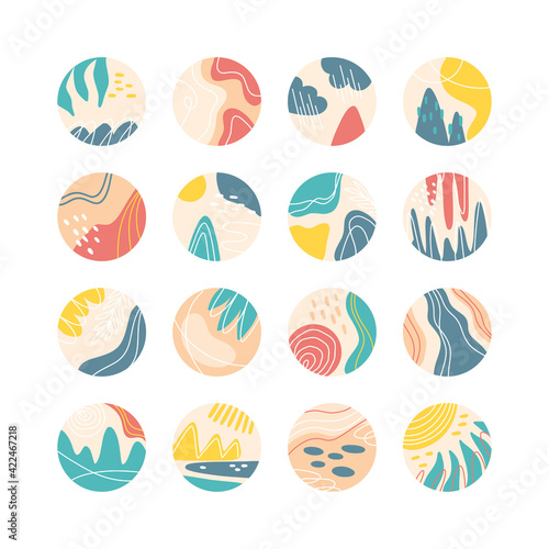 Fototapeta Naklejka Na Ścianę i Meble -  Collection of creative social media highlight covers, travel theme. Design stories round icon with floral elements collection.Sea, sun, beach, sand, mountains abstract. Vector illustration