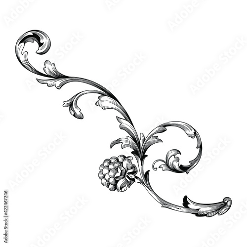 Vintage Ornament Element in baroque style with filigree and floral engrave the best situated for create frame, border, banner. It's hand drawn foliage swirl like victorian or damask design arabesque.