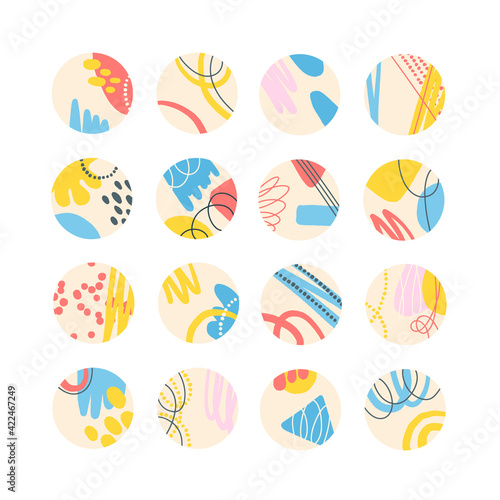 Collection of creative social media highlight covers. Abstract design with spots and lines, memphis style. Design stories round icon collection. Vector illustration