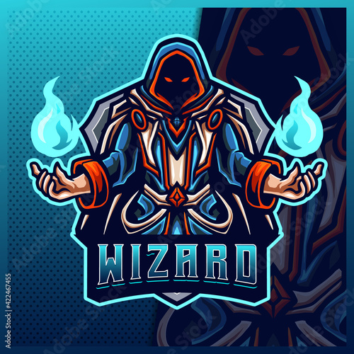 Fire Wizard Magician mascot esport logo design illustrations vector template, Witch , Magician logo for team game streamer youtuber banner twitch discord