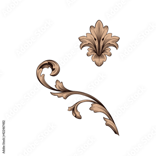 Vintage Ornament Element in baroque style with filigree and floral engrave the best situated for create frame, border, banner. It's hand drawn foliage swirl like victorian or damask design arabesque.