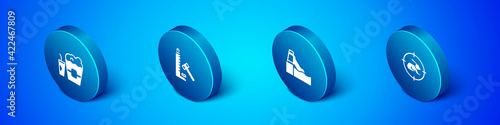 Set Isometric Popcorn in box and glass, Water slide, Hunt on rabbit with crosshairs and Striker attraction hammer icon. Vector