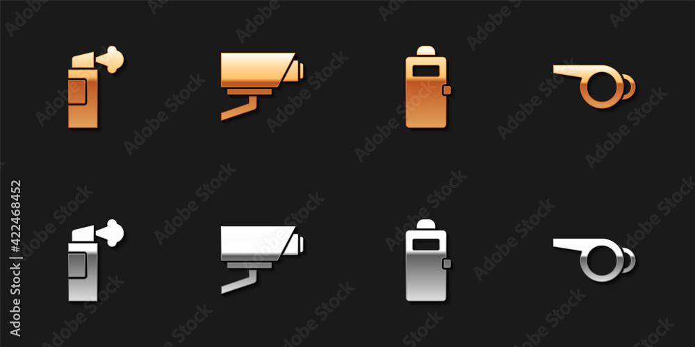 Set Pepper spray, Security camera, Police assault shield and Whistle icon. Vector Set Pepper spray, Security camera, Police assault shield and Whistle icon. Vector