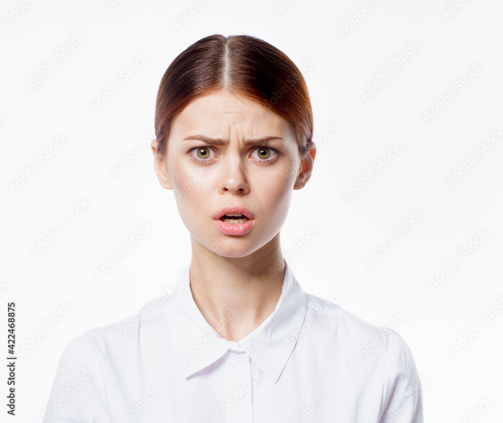 pretty woman in white shirt emotions cropped view pretty woman in white shirt emotions cropped view