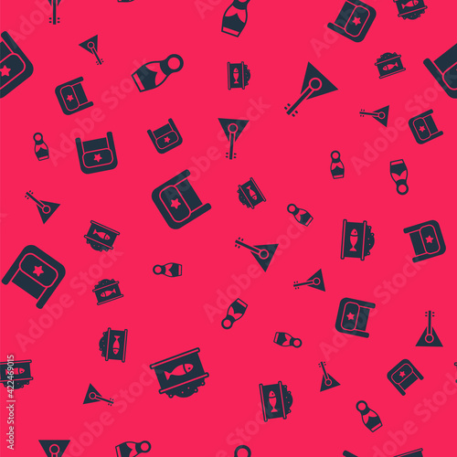 Set Tin can with caviar, Russian doll matryoshka, Ushanka and Balalaika on seamless pattern. Vector