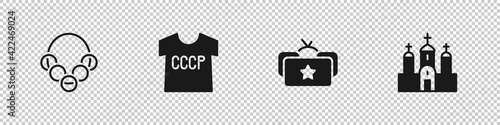 Set Russian bagels, USSR t-shirt, Ushanka and Church building icon. Vector