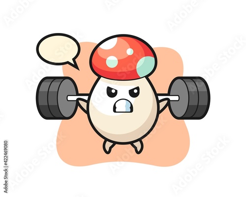 mushroom mascot cartoon with a barbell