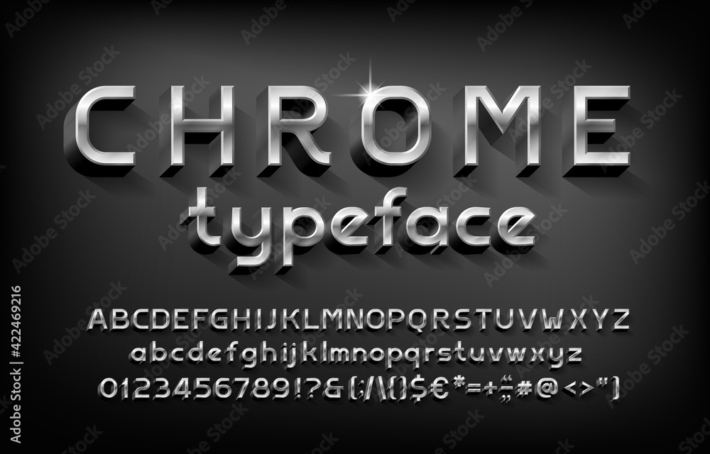 Chrome alphabet font. 3D metal letters, numbers and punctuation with shadow. Stock vector typeface for your typography design. Chrome alphabet font. 3D metal letters, numbers and punctuation with shadow. Stock vector typeface for your typography design.