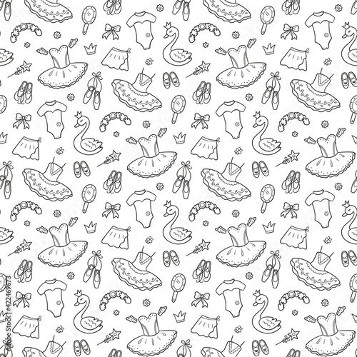 Seamless pattern for little ballerina with ballet accessories. Hand drawn tutu, pointes, ballet dress, swan, crown. Vector illustration in doodle style on white background