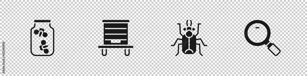 Fototapeta premium Set Fireflies bugs in a jar, Hive for bees, Beetle and Magnifying glass icon. Vector